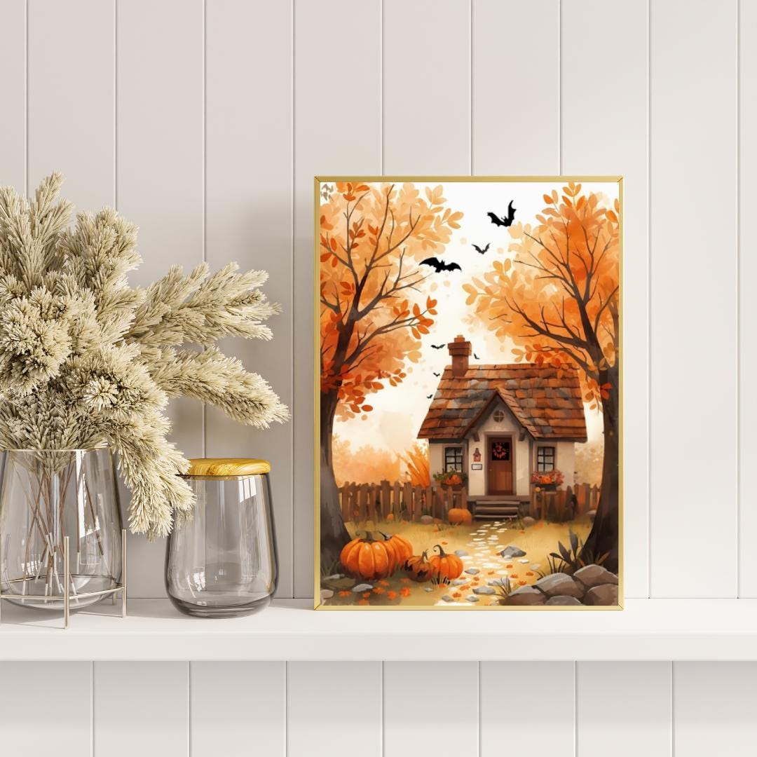 Affiche Imprimée A3 Qualité Premium - Halloween & Scène Automnale, Art Mural, Illustration, Poster Automne, Décoration Murale de Fête