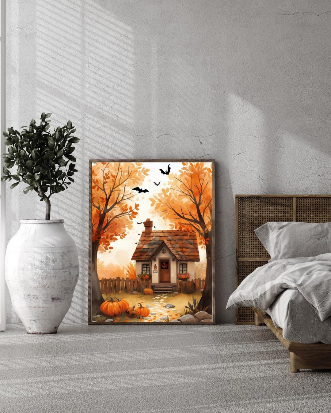 Affiche Imprimée A3 Qualité Premium - Halloween & Scène Automnale, Art Mural, Illustration, Poster Automne, Décoration Murale de Fête