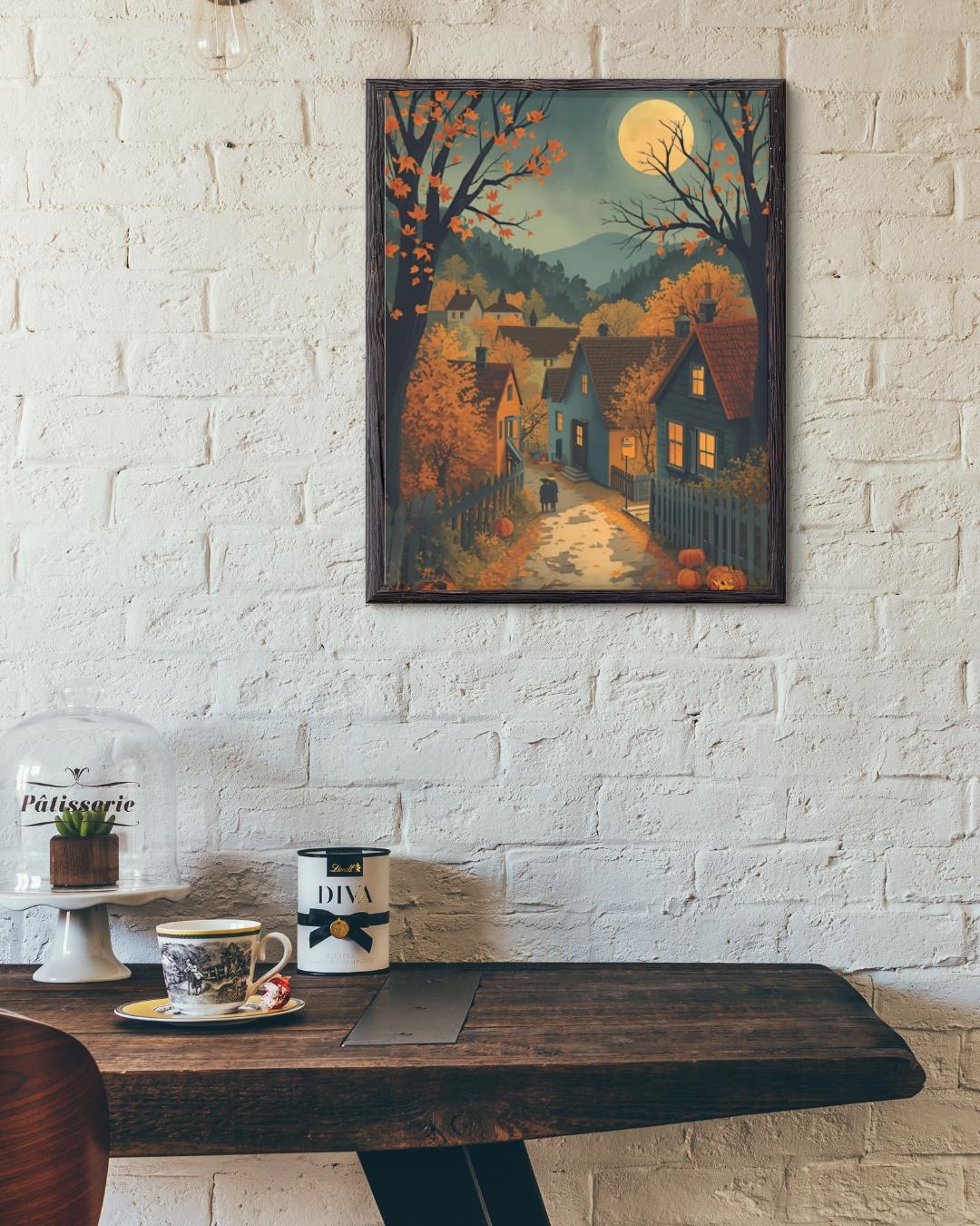 Affiche Imprimée A3 Qualité Premium - Halloween & Scène Automnale Nocturne, Art Mural, Illustration, Poster Automne, Déco Murale Fête