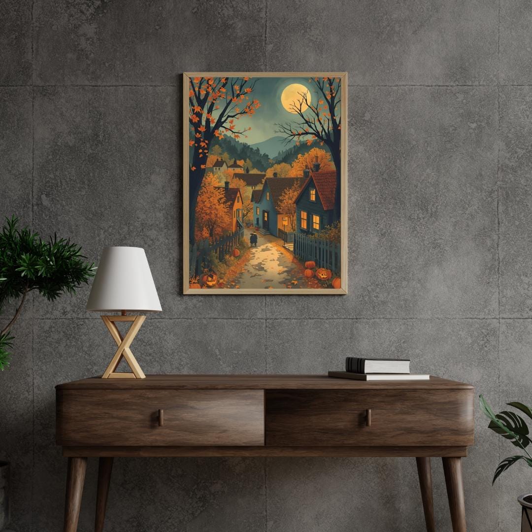 Affiche Imprimée A3 Qualité Premium - Halloween & Scène Automnale Nocturne, Art Mural, Illustration, Poster Automne, Déco Murale Fête