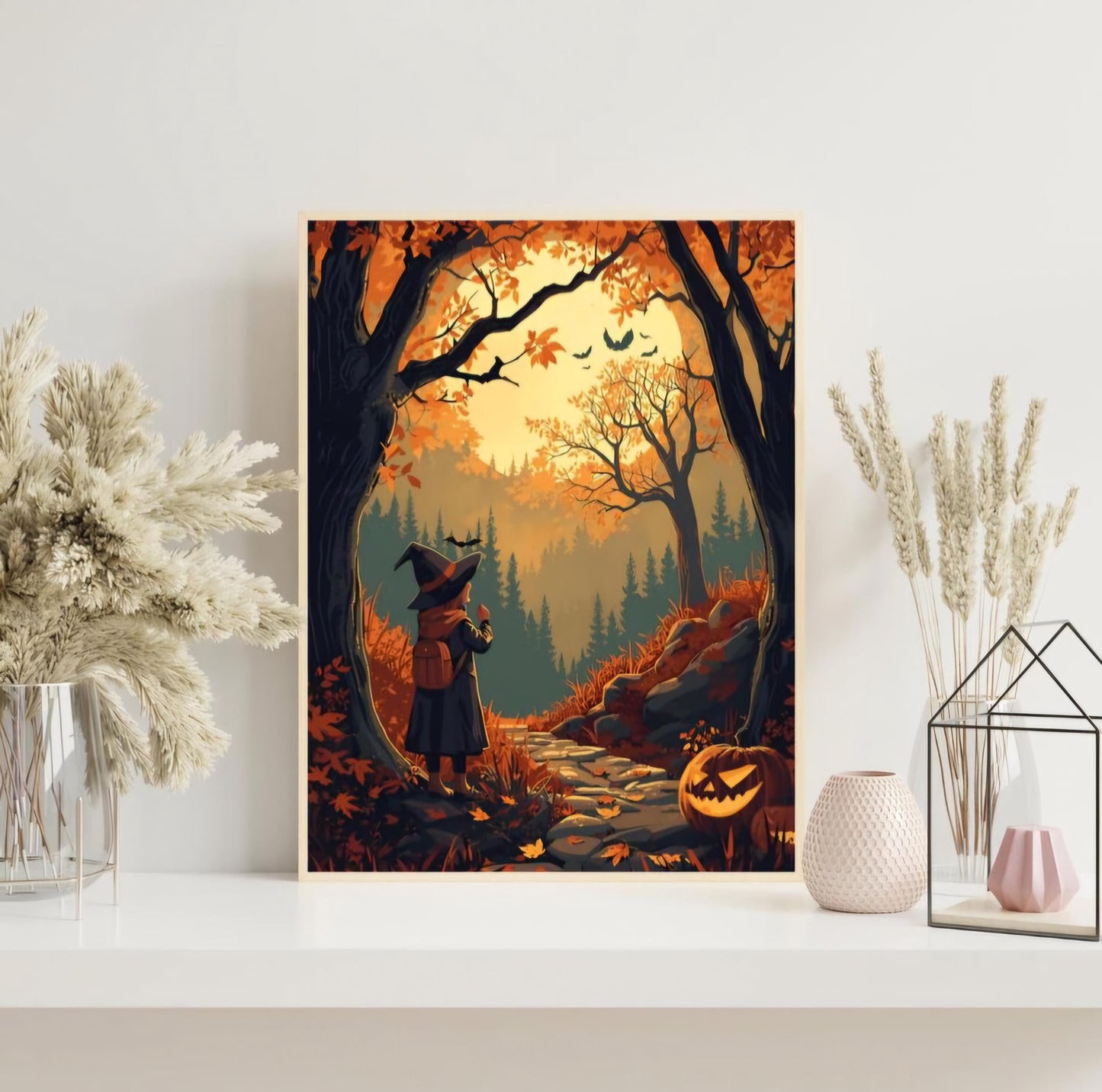 Affiche Imprimée A3 Qualité Premium - Halloween & Scène Automnale, Art Mural, Illustration, Poster Automne, Décoration Murale de Fête