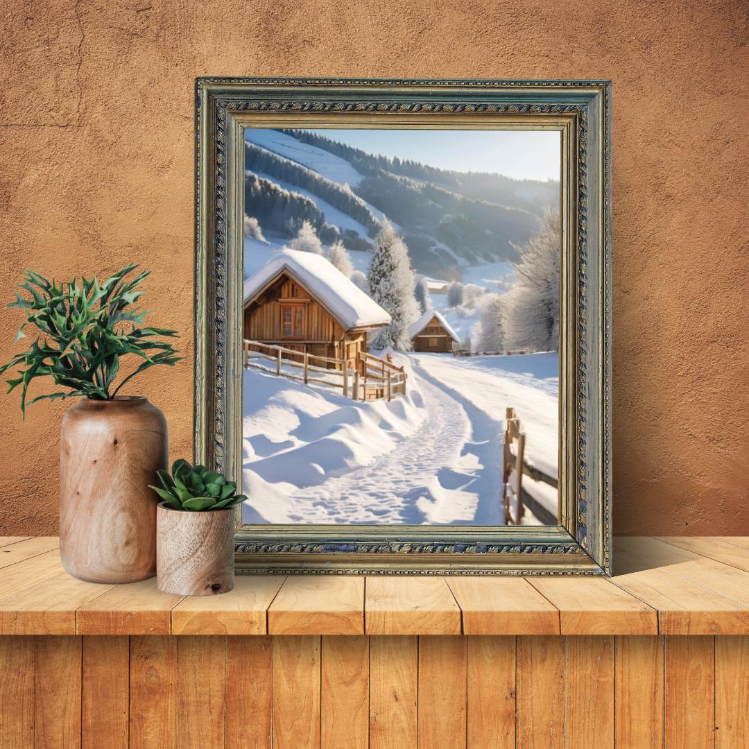 Affiche Imprimée A3 Qualité Premium - Paysage enneigé, Art Mural Hiver, Poster Nature & Neige, Illustration Voyage, Décoration Murale
