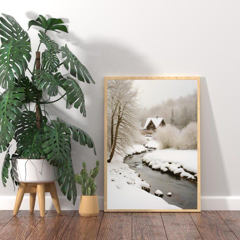 Affiche Imprimée A3 Qualité Premium - Paysage enneigé, Art Mural Hiver, Poster Nature & Neige, Illustration Voyage, Décoration Murale