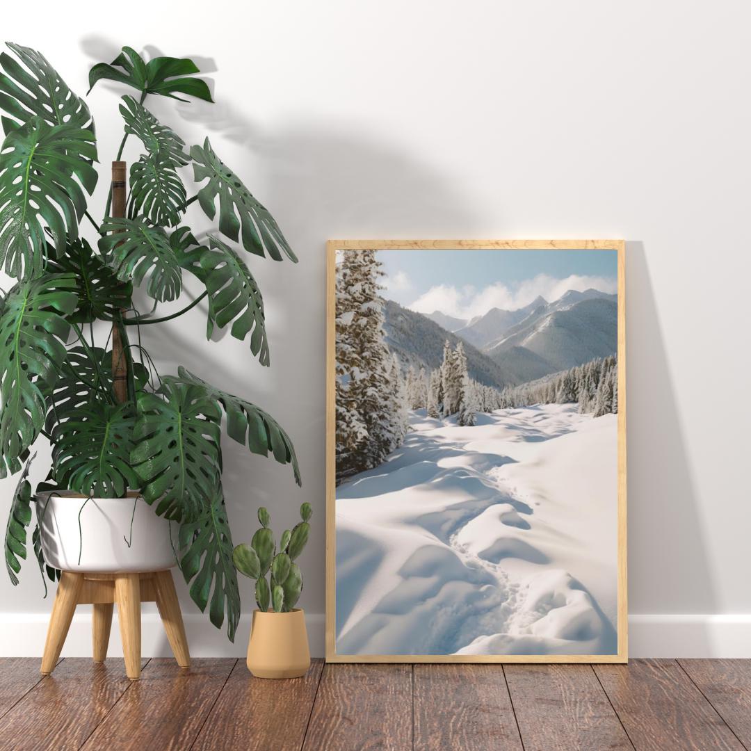 Affiche Imprimée A3 Qualité Premium - Paysage enneigé, Art Mural Hiver, Poster Nature & Neige, Illustration Voyage, Décoration Murale