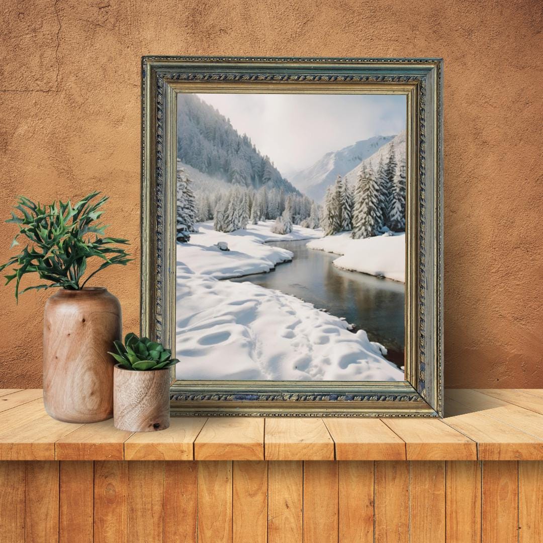 Affiche Imprimée A3 Qualité Premium - Paysage enneigé, Art Mural Hiver, Poster Nature & Neige, Illustration Voyage, Décoration Murale