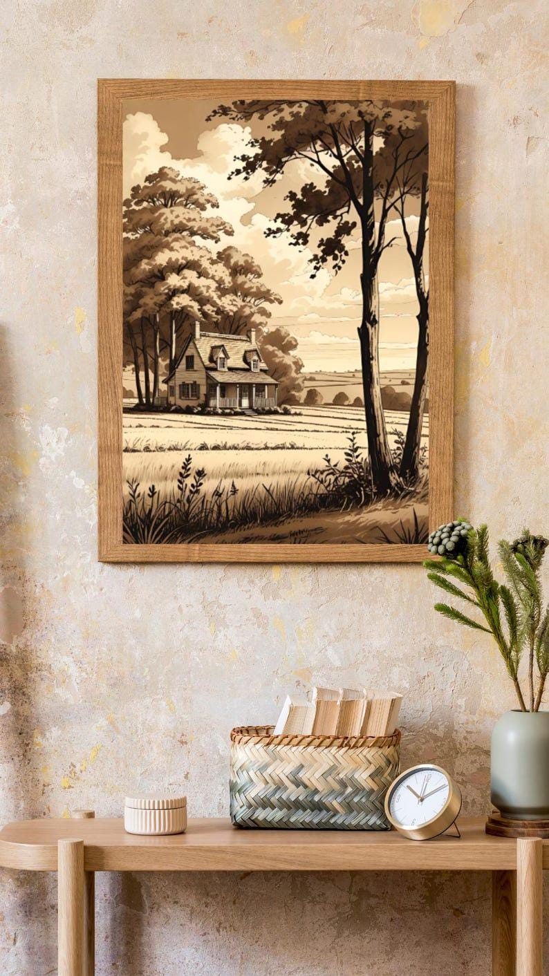 Affiche paysage sépia vintage – Poster nature rétro – Décoration murale artistique – Art mural ancien – Impression photo sépia