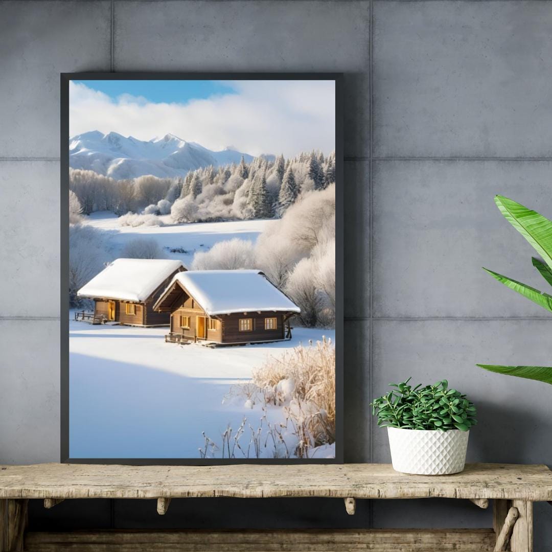 Affiche Imprimée A3 Qualité Premium - Paysage enneigé, Art Mural Hiver, Poster Nature & Neige, Illustration Voyage, Décoration Murale