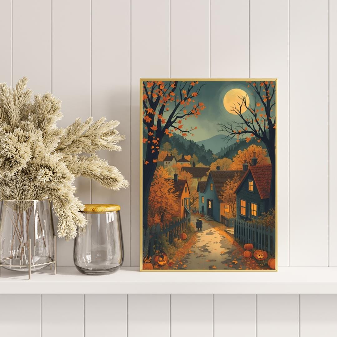 Affiche Imprimée A3 Qualité Premium - Halloween & Scène Automnale Nocturne, Art Mural, Illustration, Poster Automne, Déco Murale Fête