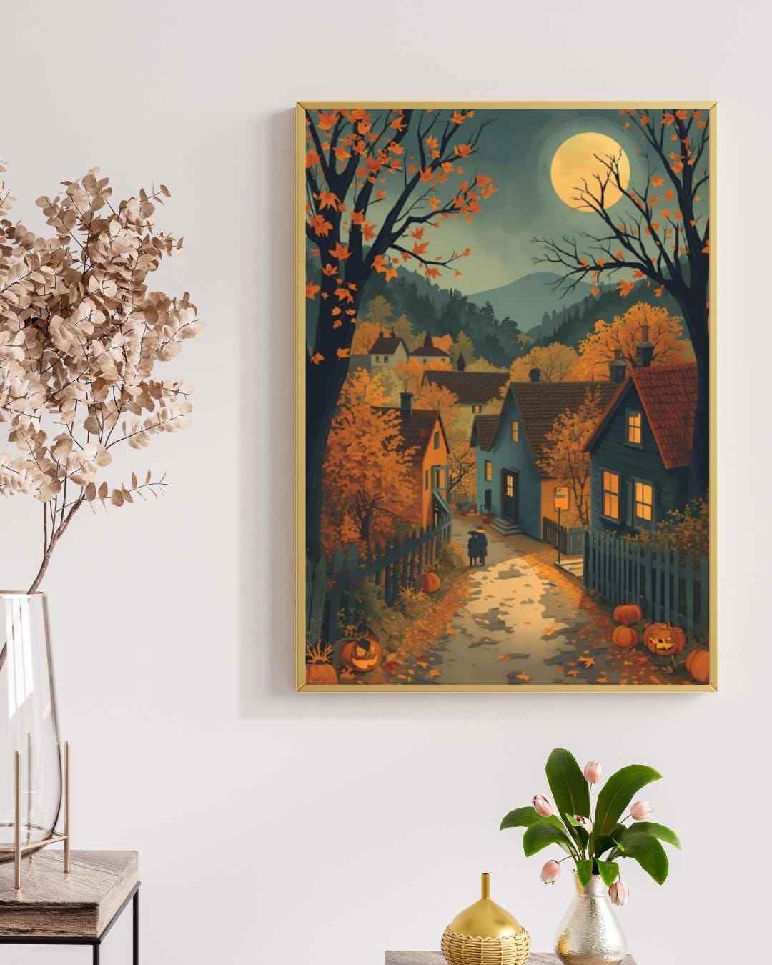 Affiche Imprimée A3 Qualité Premium - Halloween & Scène Automnale Nocturne, Art Mural, Illustration, Poster Automne, Déco Murale Fête