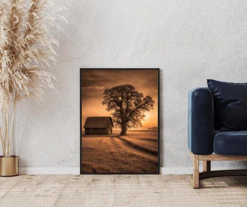 Affiche Imprimée A3 Qualité Premium - Paysage Sépia, Art Mural Style Aquarelle, Poster Campagne, Impression Minimaliste, Décoration Maison