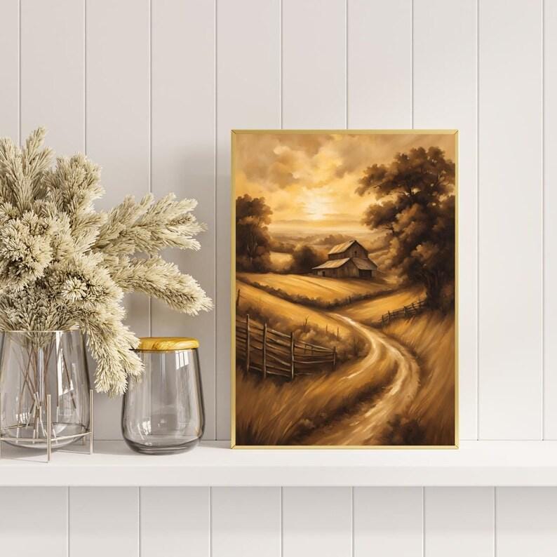 Affiche Imprimée A3 Qualité Premium - Paysage Sépia, Art Mural Style Aquarelle, Poster Campagne, Impression Minimaliste, Décoration Maison