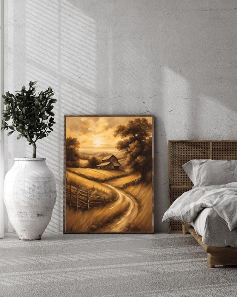 Affiche Imprimée A3 Qualité Premium - Paysage Sépia, Art Mural Style Aquarelle, Poster Campagne, Impression Minimaliste, Décoration Maison
