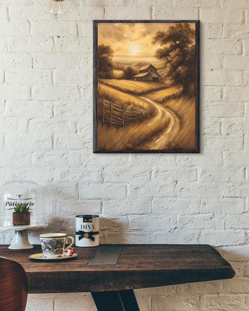 Affiche Imprimée A3 Qualité Premium - Paysage Sépia, Art Mural Style Aquarelle, Poster Campagne, Impression Minimaliste, Décoration Maison