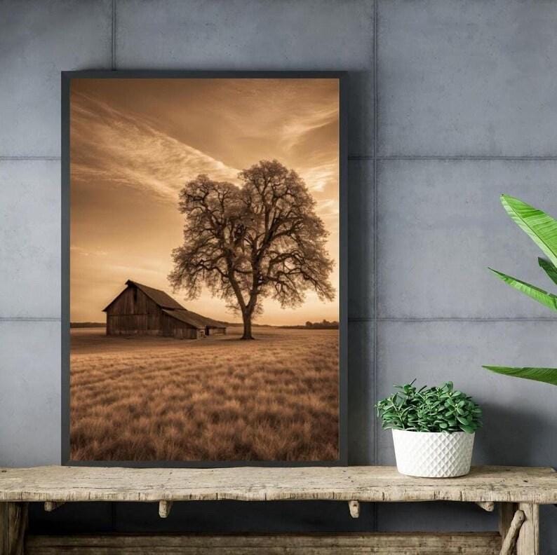 Affiche Imprimée A3 Qualité Premium - Paysage Sépia, Art Mural Style Aquarelle, Poster Campagne, Impression Minimaliste, Décoration Maison