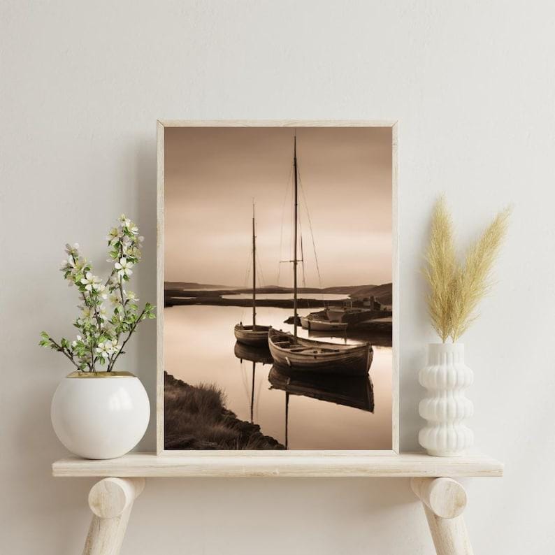 Affiche Imprimée A3 Qualité Premium - Paysage Sépia, Art Mural Côtier Mer, Poster Marin & Pêche, Impression Minimaliste, Décoration Maison