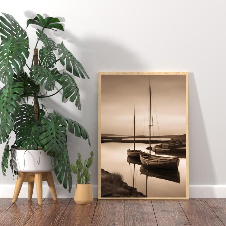 Affiche Imprimée A3 Qualité Premium - Paysage Sépia, Art Mural Côtier Mer, Poster Marin & Pêche, Impression Minimaliste, Décoration Maison