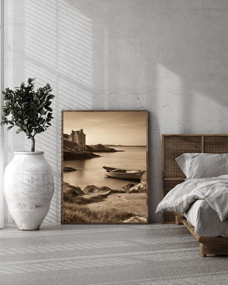 Affiche Imprimée A3 Qualité Premium - Paysage Sépia, Art Mural Côtier Mer, Poster Marin & Pêche, Impression Minimaliste, Décoration Maison