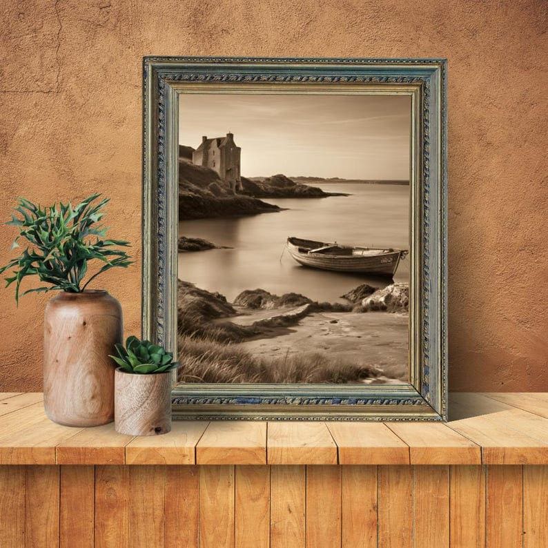 Affiche Imprimée A3 Qualité Premium - Paysage Sépia, Art Mural Côtier Mer, Poster Marin & Pêche, Impression Minimaliste, Décoration Maison