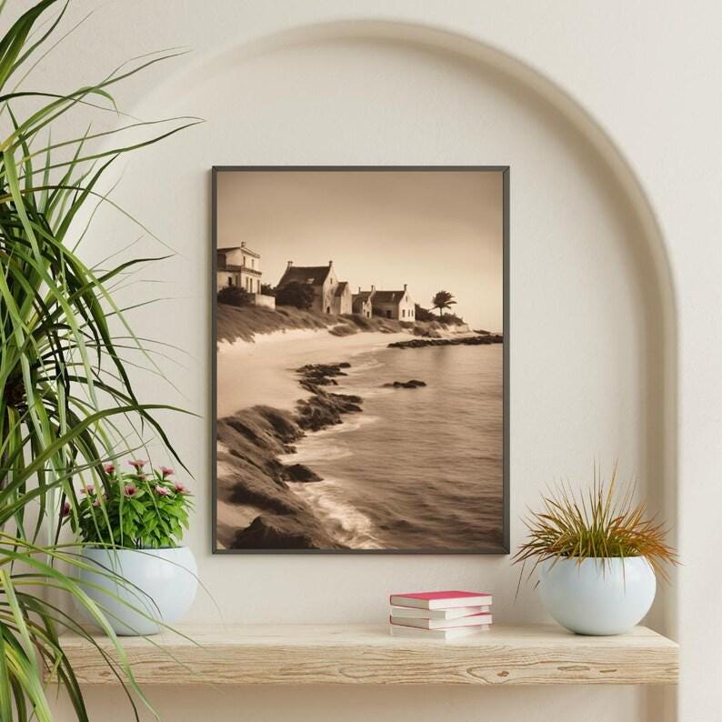 Affiche Imprimée A3 Qualité Premium - Paysage Sépia, Art Mural Côtier Mer, Poster Marin & Pêche, Impression Minimaliste, Décoration Maison