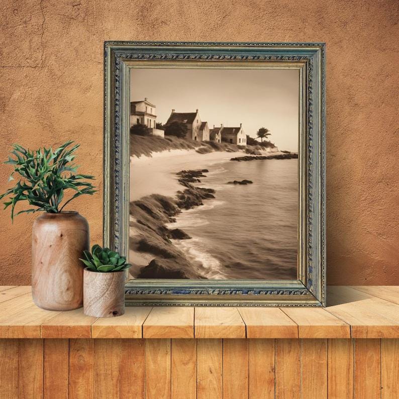 Affiche Imprimée A3 Qualité Premium - Paysage Sépia, Art Mural Côtier Mer, Poster Marin & Pêche, Impression Minimaliste, Décoration Maison