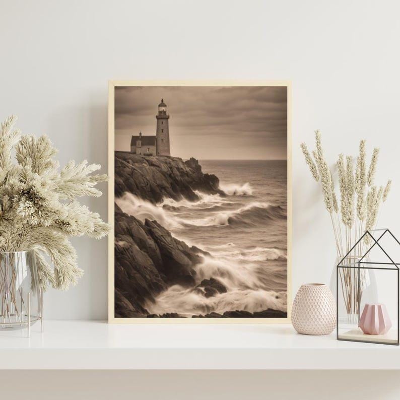 Affiche Imprimée A3 Qualité Premium - Paysage Sépia, Art Mural Côtier Mer, Poster Marin & Pêche, Impression Minimaliste, Décoration Maison