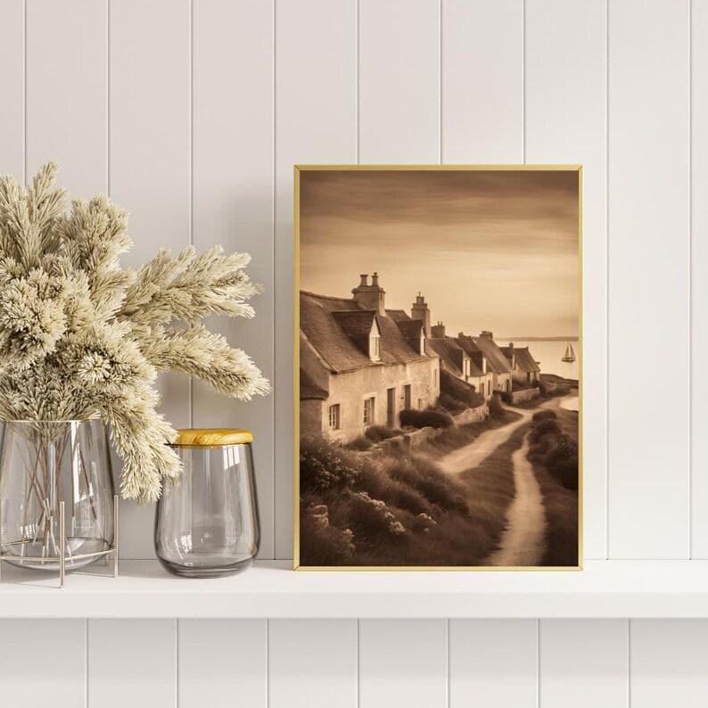 Affiche Imprimée A3 Qualité Premium - Paysage Sépia, Art Mural Côtier Mer, Poster Marin & Pêche, Impression Minimaliste, Décoration Maison