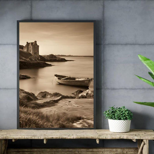 Affiche Imprimée A3 Qualité Premium - Paysage Sépia, Art Mural Côtier Mer, Poster Marin & Pêche, Impression Minimaliste, Décoration Maison