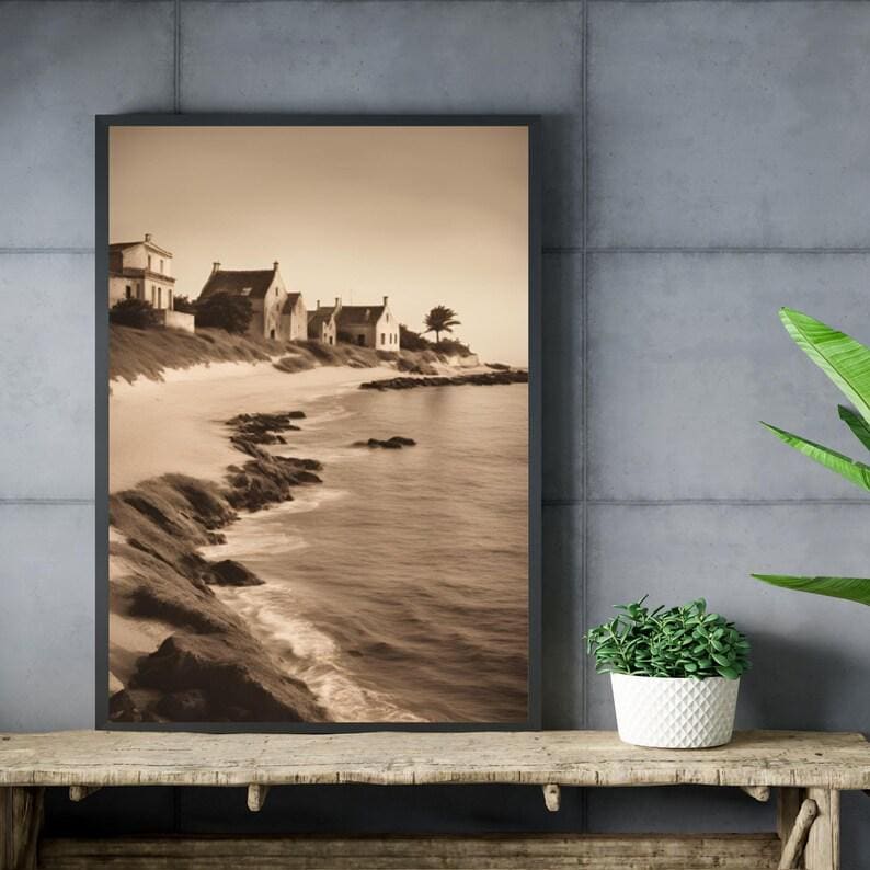 Affiche Imprimée A3 Qualité Premium - Paysage Sépia, Art Mural Côtier Mer, Poster Marin & Pêche, Impression Minimaliste, Décoration Maison