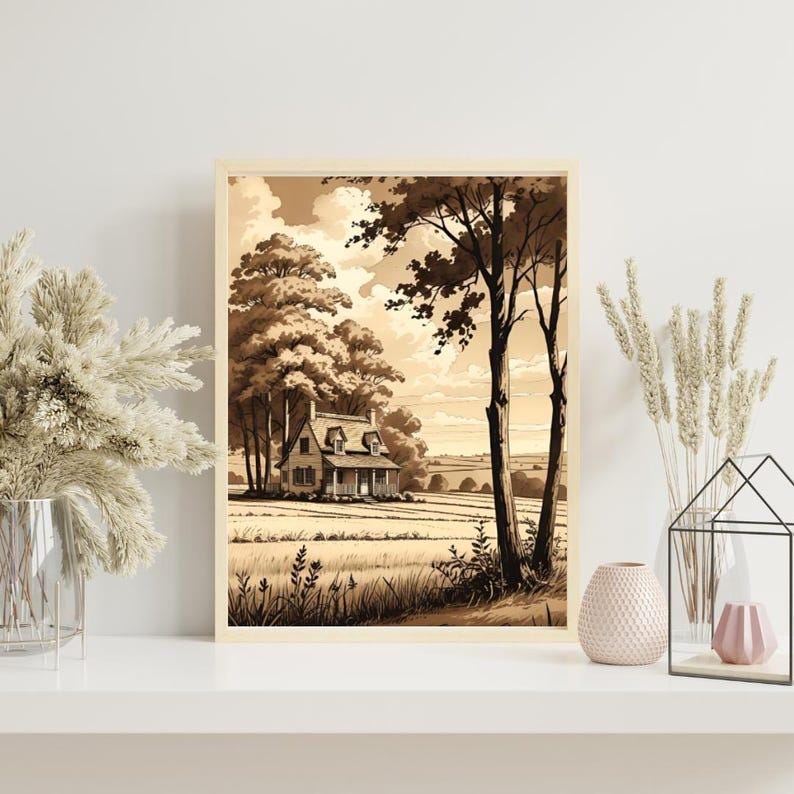 Affiche paysage sépia vintage – Poster nature rétro – Décoration murale artistique – Art mural ancien – Impression photo sépia