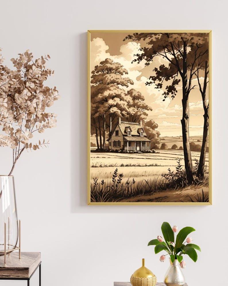 Affiche paysage sépia vintage – Poster nature rétro – Décoration murale artistique – Art mural ancien – Impression photo sépia