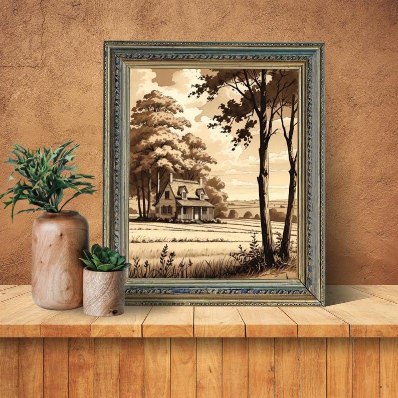 Affiche paysage sépia vintage – Poster nature rétro – Décoration murale artistique – Art mural ancien – Impression photo sépia