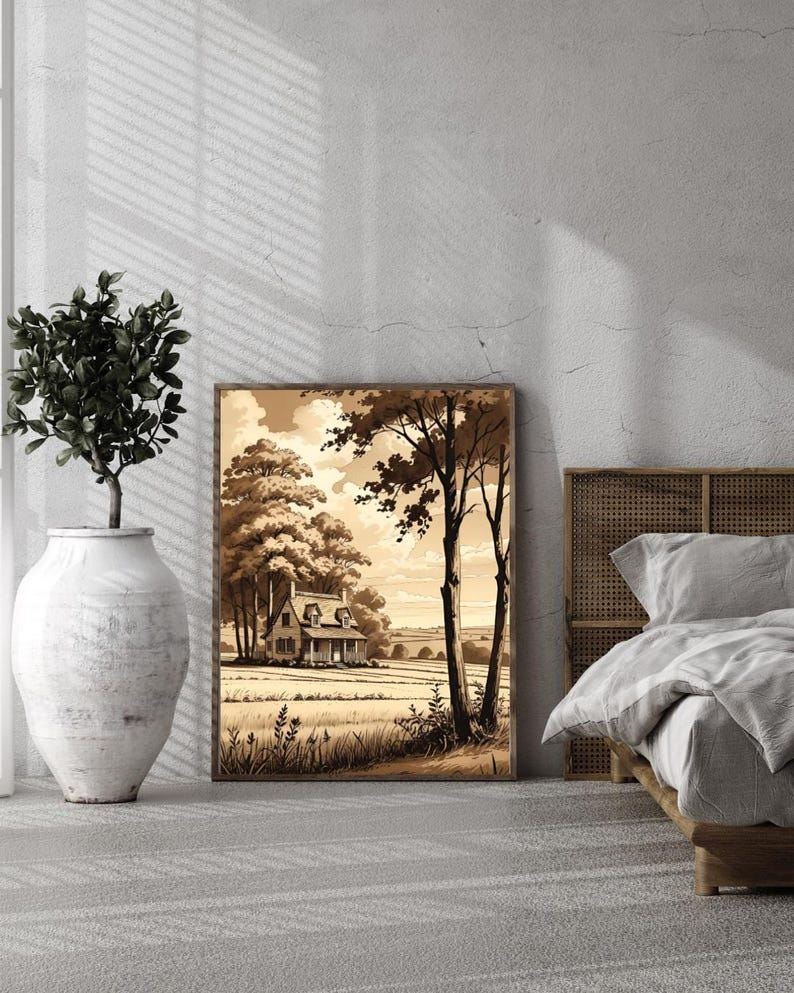 Affiche paysage sépia vintage – Poster nature rétro – Décoration murale artistique – Art mural ancien – Impression photo sépia