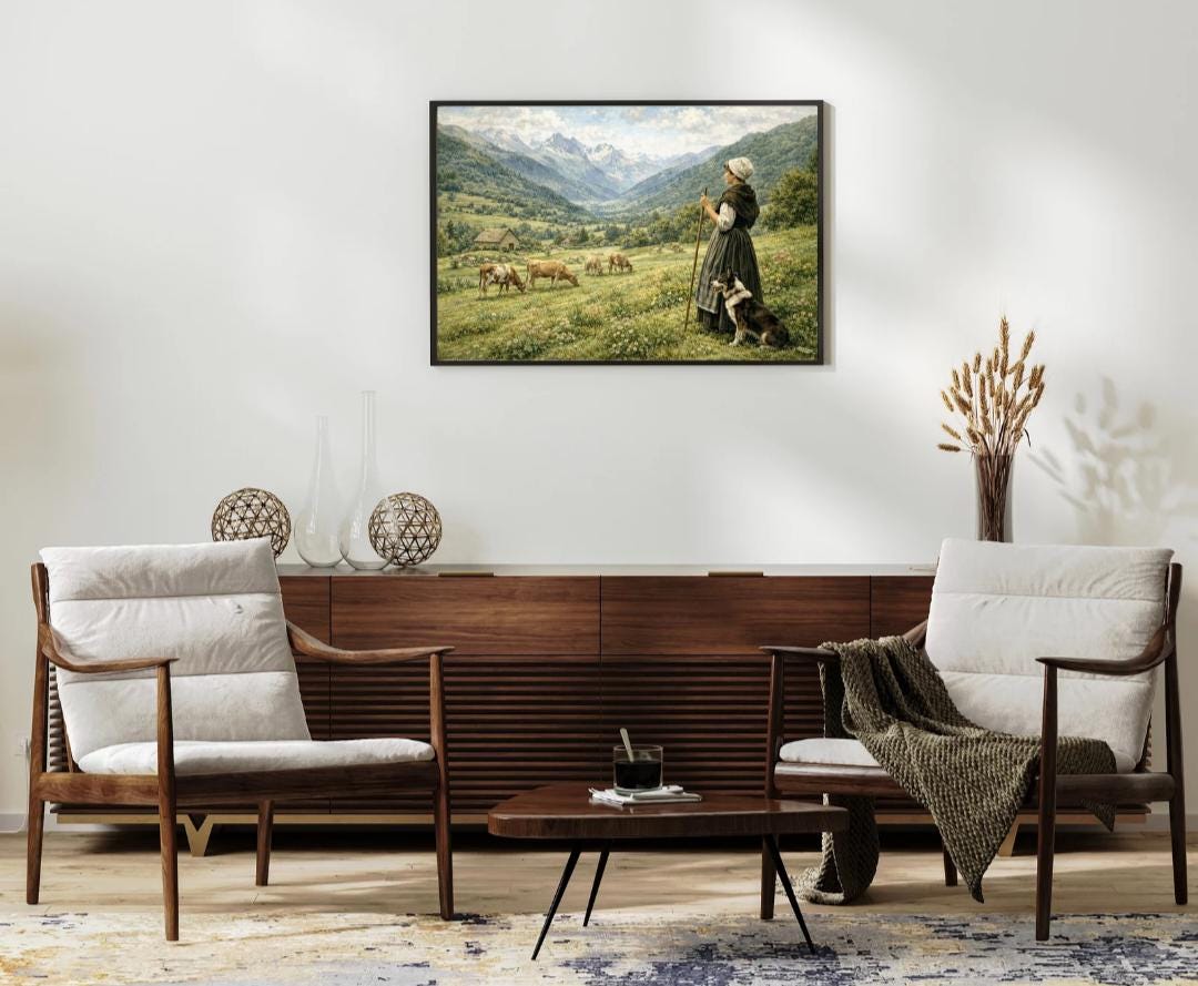 Affiche Imprimée Paysage Montagne Vintage – Bergère & Vaches – Édition Premium HD – Art Champêtre Authentique – Conçue et Imprimée en France
