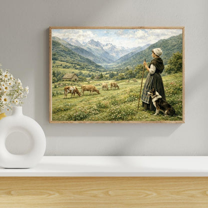 Affiche Imprimée Paysage Montagne Vintage – Bergère & Vaches – Édition Premium HD – Art Champêtre Authentique – Conçue et Imprimée en France
