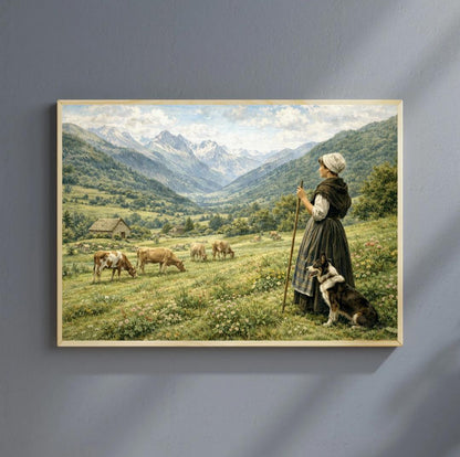 Affiche Imprimée Paysage Montagne Vintage – Bergère & Vaches – Édition Premium HD – Art Champêtre Authentique – Conçue et Imprimée en France