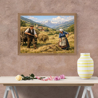 Affiche Imprimée Paysage Champêtre Vintage – Édition Premium HD – Scène Paysanne Montagne – Conçue & Imprimée en France – Déco Murale Chalet