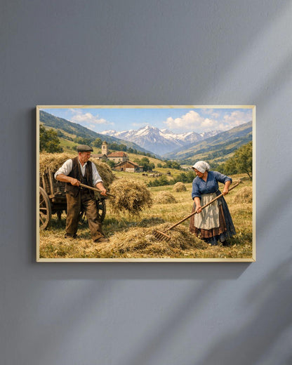Affiche Imprimée Paysage Champêtre Vintage – Édition Premium HD – Scène Paysanne Montagne – Conçue & Imprimée en France – Déco Murale Chalet