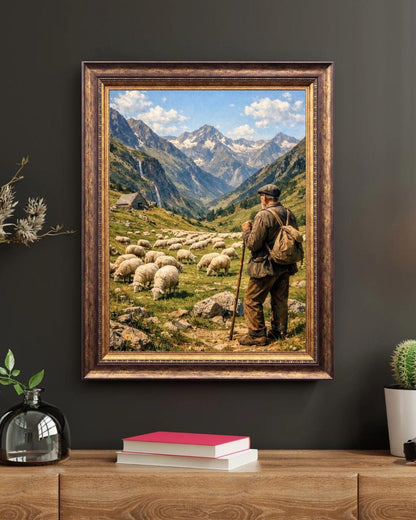 Affiche Imprimée Paysage Montagne Alpine Vintage – Berger & Troupeau – Édition Premium – Art Rural Authentique, Conçue et Imprimée en France
