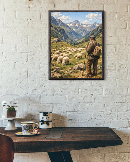 Affiche Imprimée Paysage Montagne Alpine Vintage – Berger & Troupeau – Édition Premium – Art Rural Authentique, Conçue et Imprimée en France
