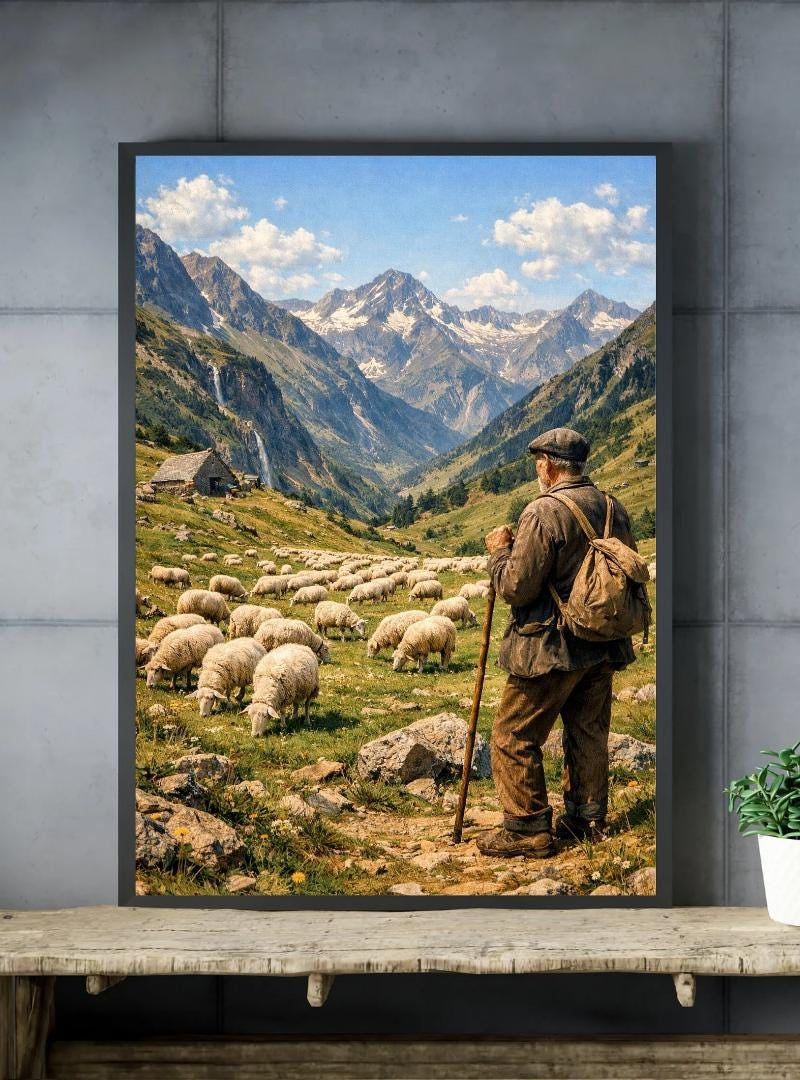 Peut inclure: Une impression encadrée représentant un berger et son troupeau dans une vallée de montagne. L'œuvre présente un homme avec un bâton de marche et un sac à dos, surveillant un troupeau de moutons. L'arrière-plan montre une cascade, une petite cabane et des montagnes enneigées.