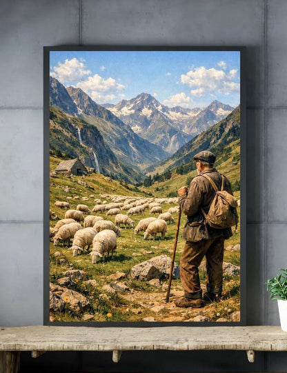 Peut inclure: Une impression encadrée représentant un berger et son troupeau dans une vallée de montagne. L'œuvre présente un homme avec un bâton de marche et un sac à dos, surveillant un troupeau de moutons. L'arrière-plan montre une cascade, une petite cabane et des montagnes enneigées.