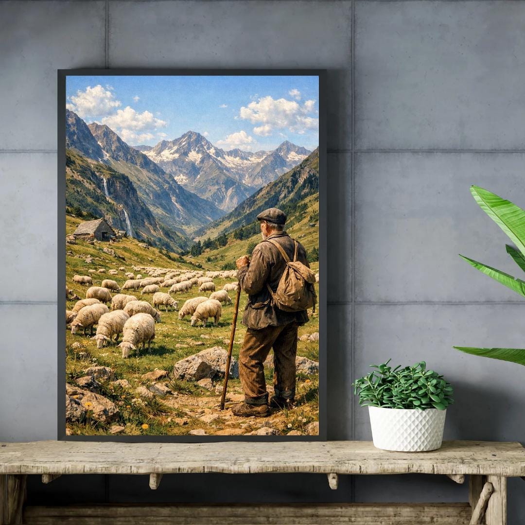 Peut inclure: Une impression encadrée représentant un berger et son troupeau dans une vallée de montagne. L'œuvre présente un homme avec un bâton de marche et un sac à dos, surveillant un troupeau de moutons. L'arrière-plan montre une cascade, une petite cabane et des montagnes enneigées.