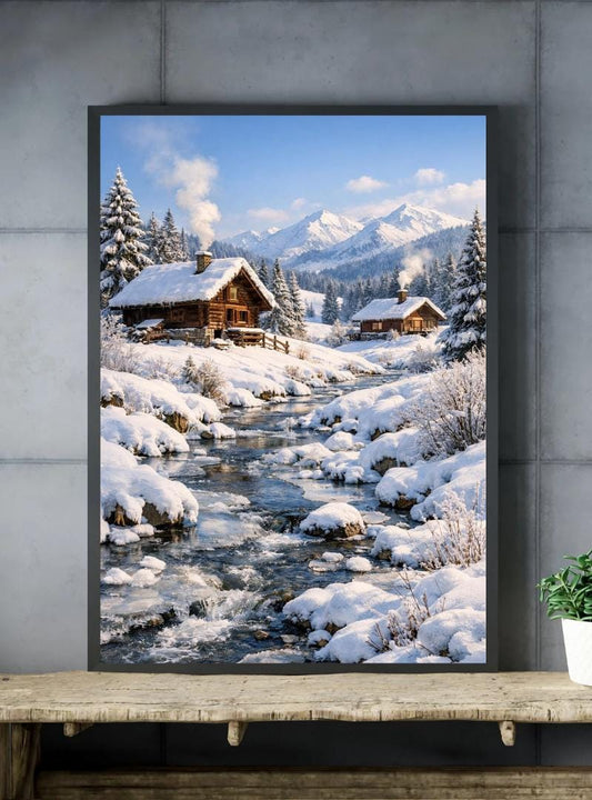 Peut inclure: Peinture encadrée d'un paysage hivernal avec des chalets enneigés dans une vallée et un cours d'eau. L'œuvre présente des arbres enneigés, des montagnes et un ciel bleu. De la fumée s'échappe des cheminées des chalets, créant une scène hivernale sereine.