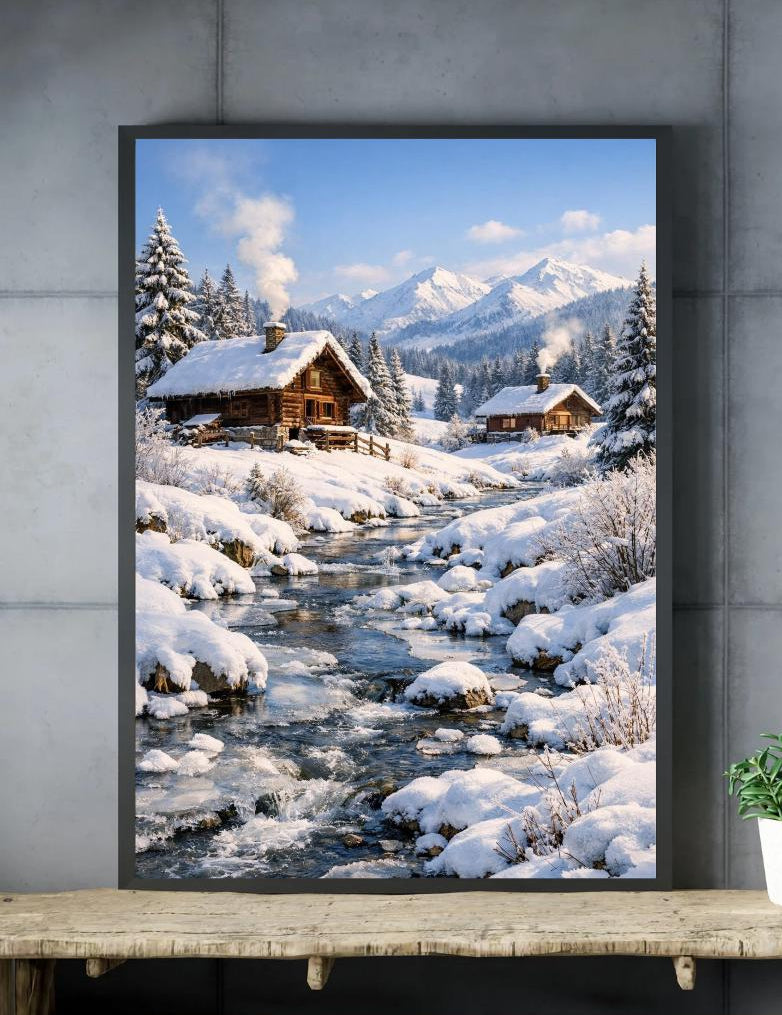 Peut inclure: Peinture encadrée d'un paysage hivernal avec des chalets enneigés dans une vallée et un cours d'eau. L'œuvre présente des arbres enneigés, des montagnes et un ciel bleu. De la fumée s'échappe des cheminées des chalets, créant une scène hivernale sereine.