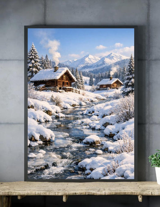 Peut inclure: Peinture encadrée d'un paysage hivernal avec des chalets enneigés dans une vallée et un cours d'eau. L'œuvre présente des arbres enneigés, des montagnes et un ciel bleu. De la fumée s'échappe des cheminées des chalets, créant une scène hivernale sereine.