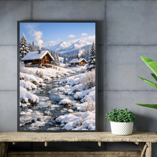Peut inclure: Peinture encadrée d'un paysage hivernal avec des chalets enneigés dans une vallée et un cours d'eau. L'œuvre présente des arbres enneigés, des montagnes et un ciel bleu. De la fumée s'échappe des cheminées des chalets, créant une scène hivernale sereine.