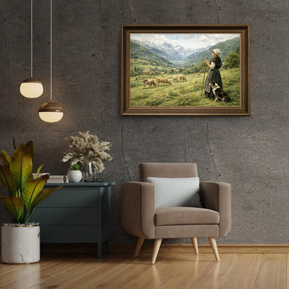 Affiche Imprimée Paysage Montagne Vintage – Bergère & Vaches – Édition Premium HD – Art Champêtre Authentique – Conçue et Imprimée en France