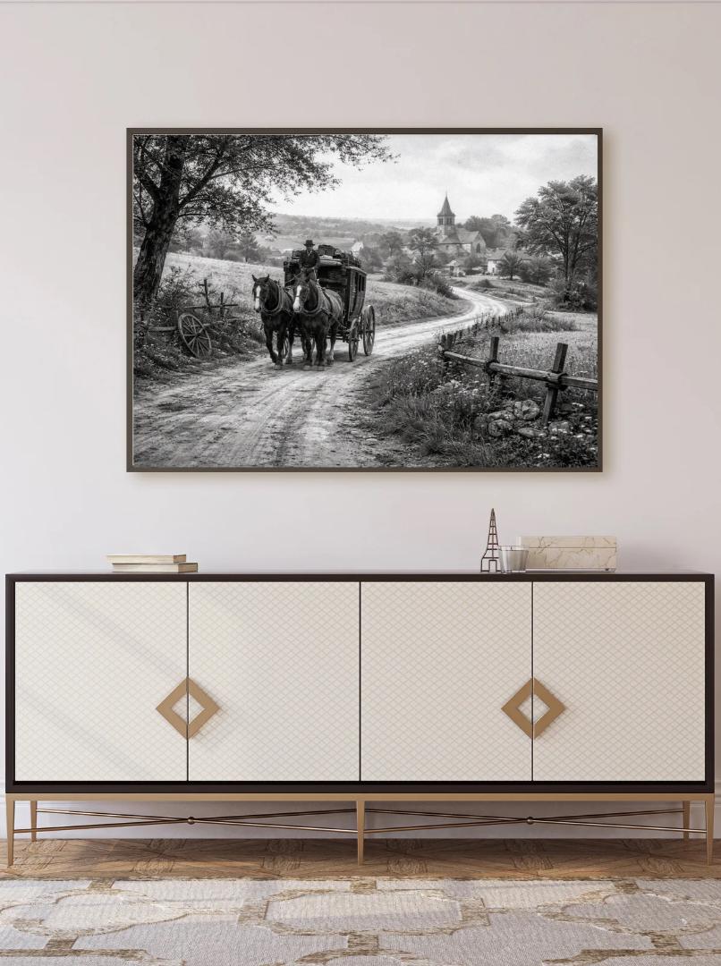 Peut inclure: Impression en noir et blanc d'une calèche tirée par des chevaux sur une route de campagne, menant à un village avec une église. L'œuvre est encadrée au-dessus d'un meuble blanc avec des détails dorés.