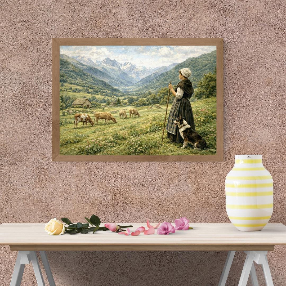 Affiche Imprimée Paysage Montagne Vintage – Bergère & Vaches – Édition Premium HD – Art Champêtre Authentique – Conçue et Imprimée en France