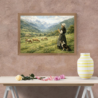 Affiche Imprimée Paysage Montagne Vintage – Bergère & Vaches – Édition Premium HD – Art Champêtre Authentique – Conçue et Imprimée en France